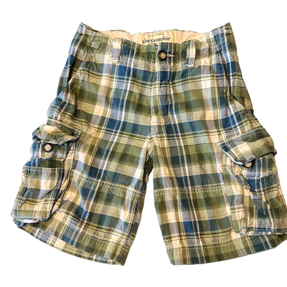 Abercrombie Distressed Classic Plaid Heavyweight Cargo Shorts size Boys 14
